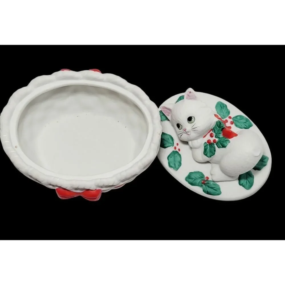 VTG Lefton Porcelain Christmas Kitty Trinket‎ Dish Bowl Holly Ribbon 1987 READ